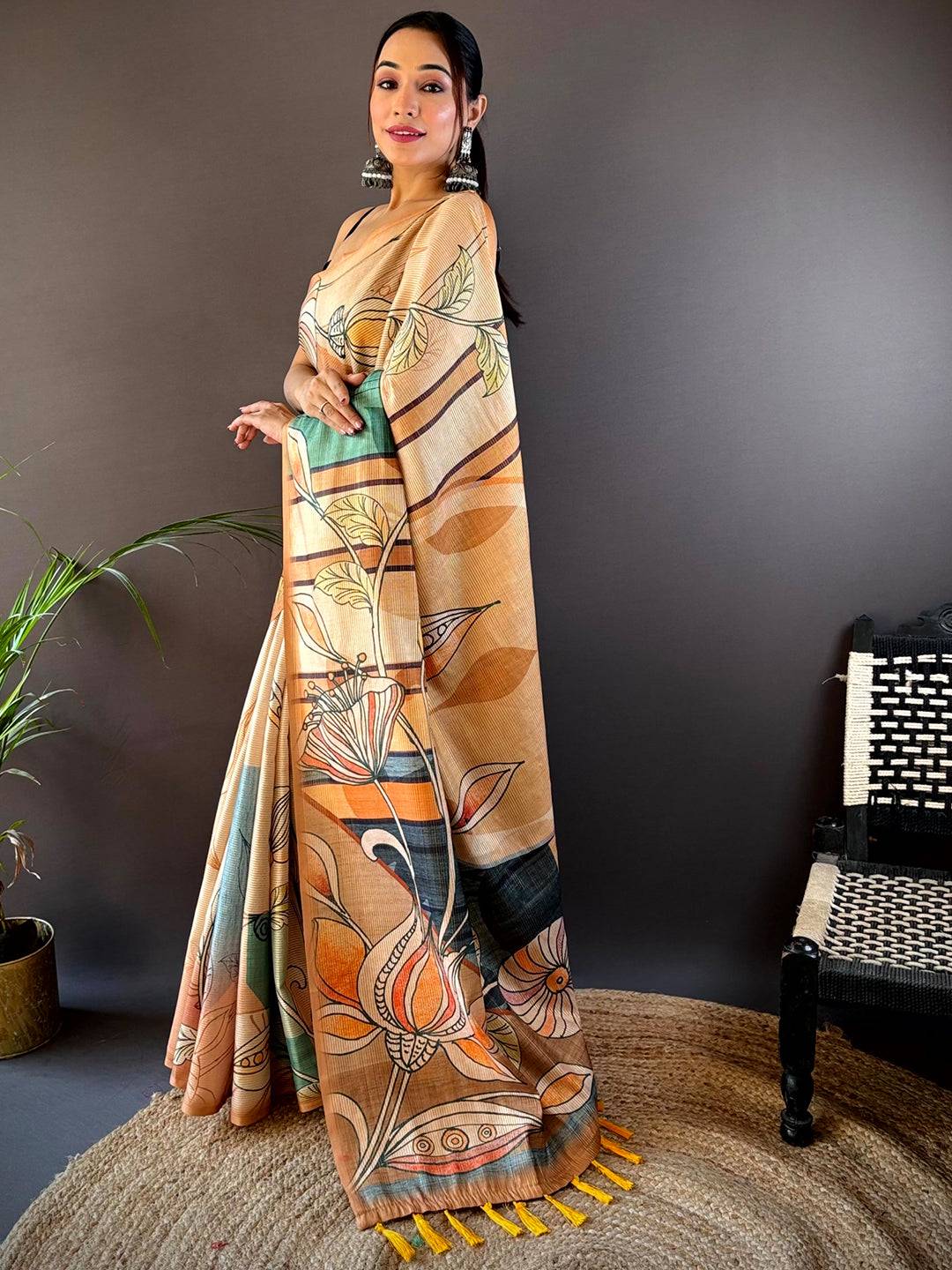 Peach Zari Tussar Printed Saree