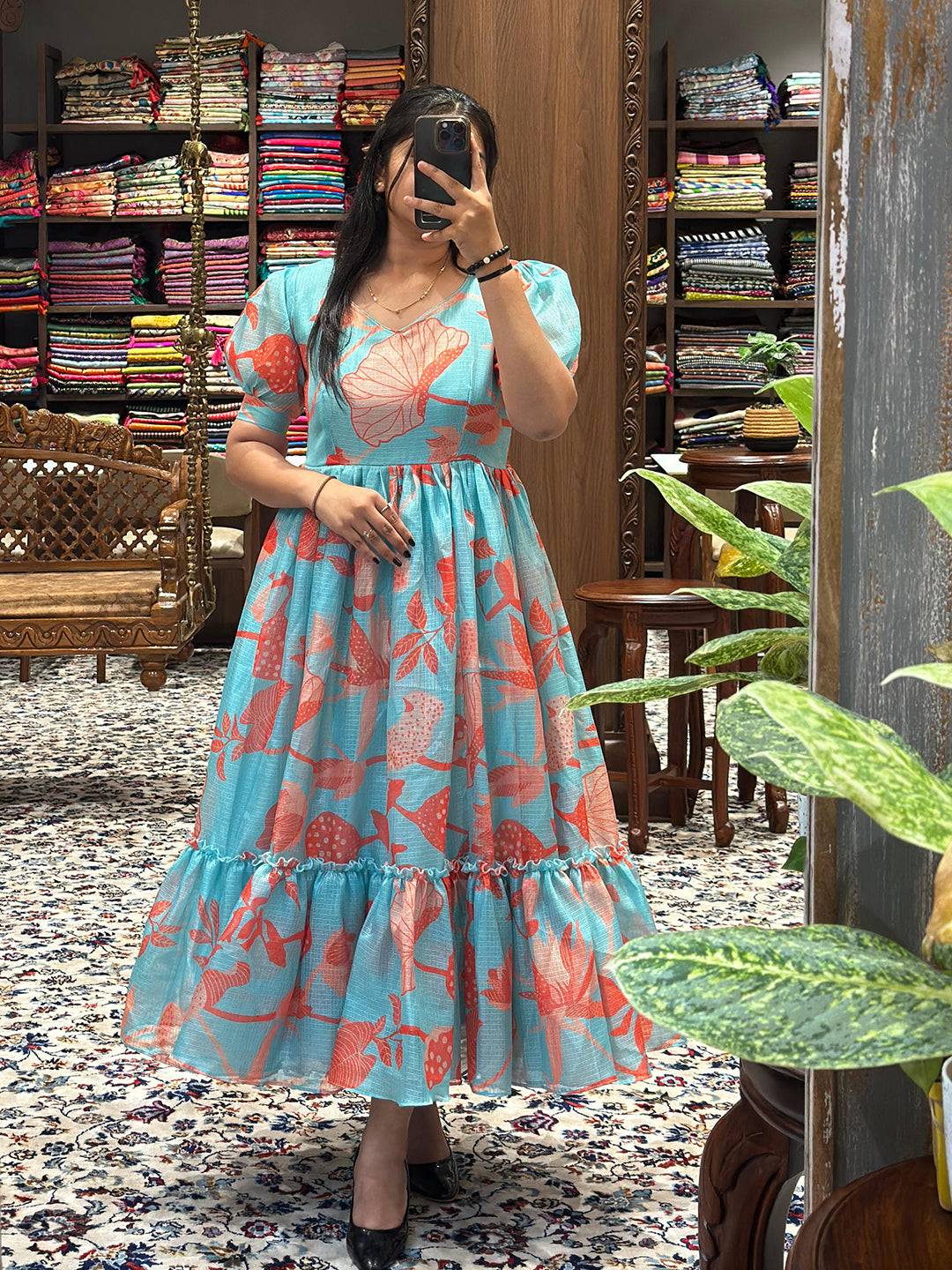 Sea Blue Floral Print Dress