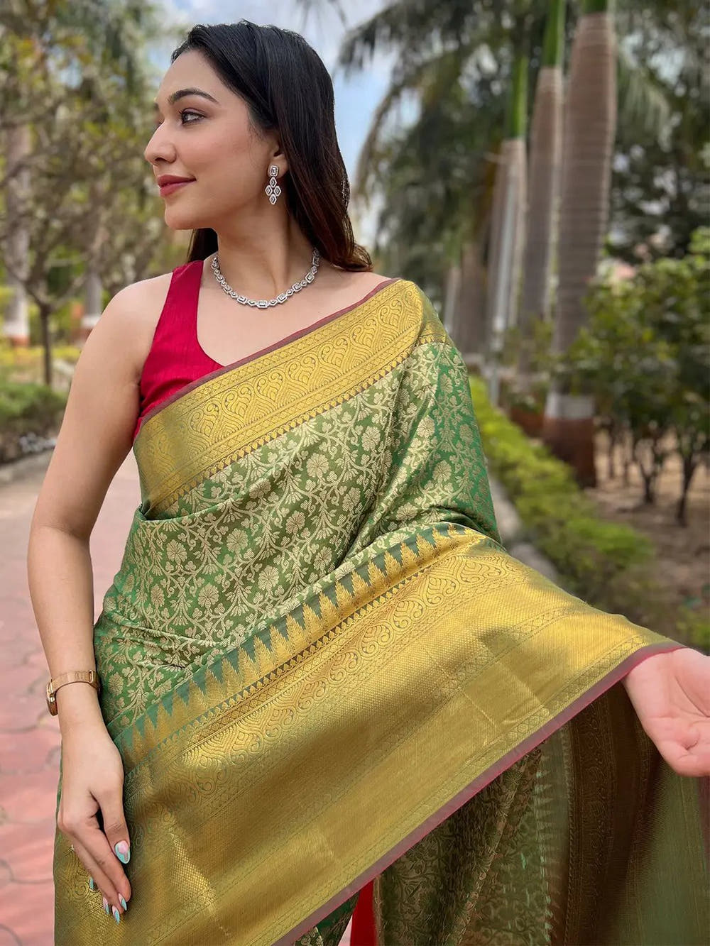 Pista Colour One Gram Gold Tissue Saree With Jacquard Woven Work