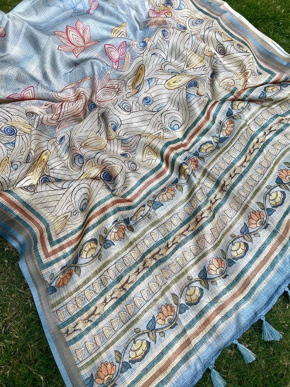 Sky Blue Soft Kota Doriya Silk Saree With Flower Kalamkari Print