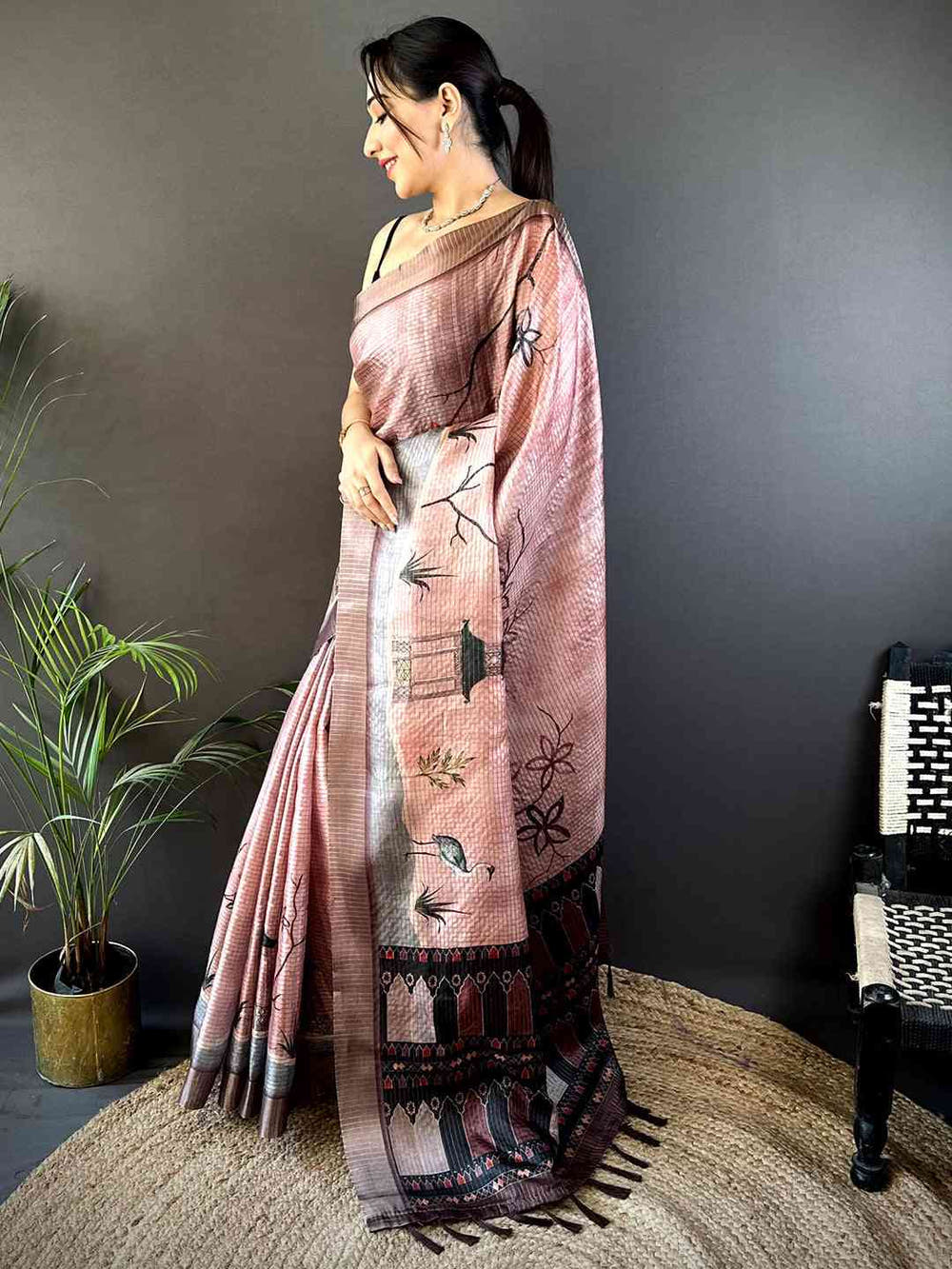 Blush Pink Tussar Chex Japanese Print Saree