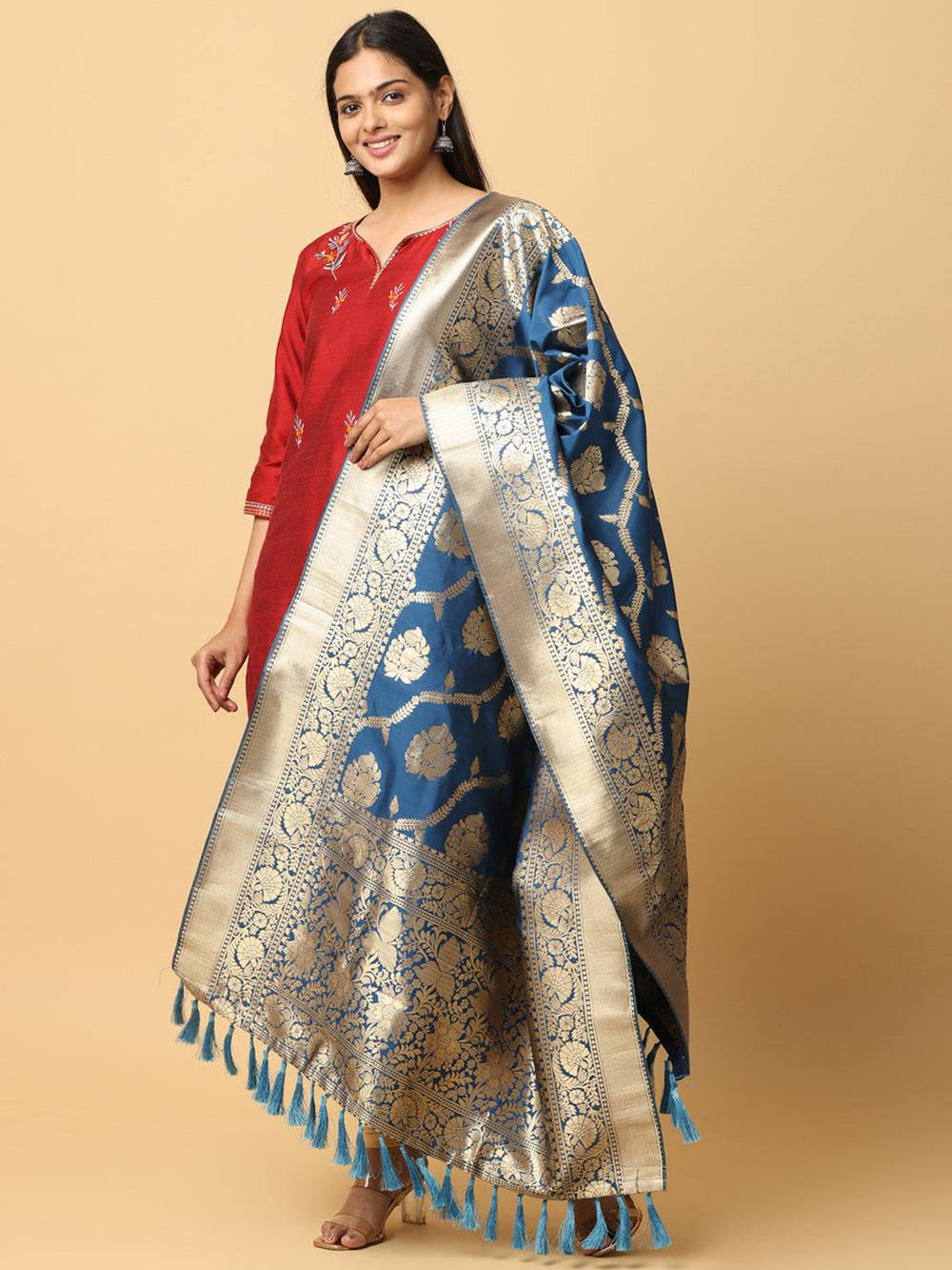 Royal Blue Silk Blend Woven Design Dupatta