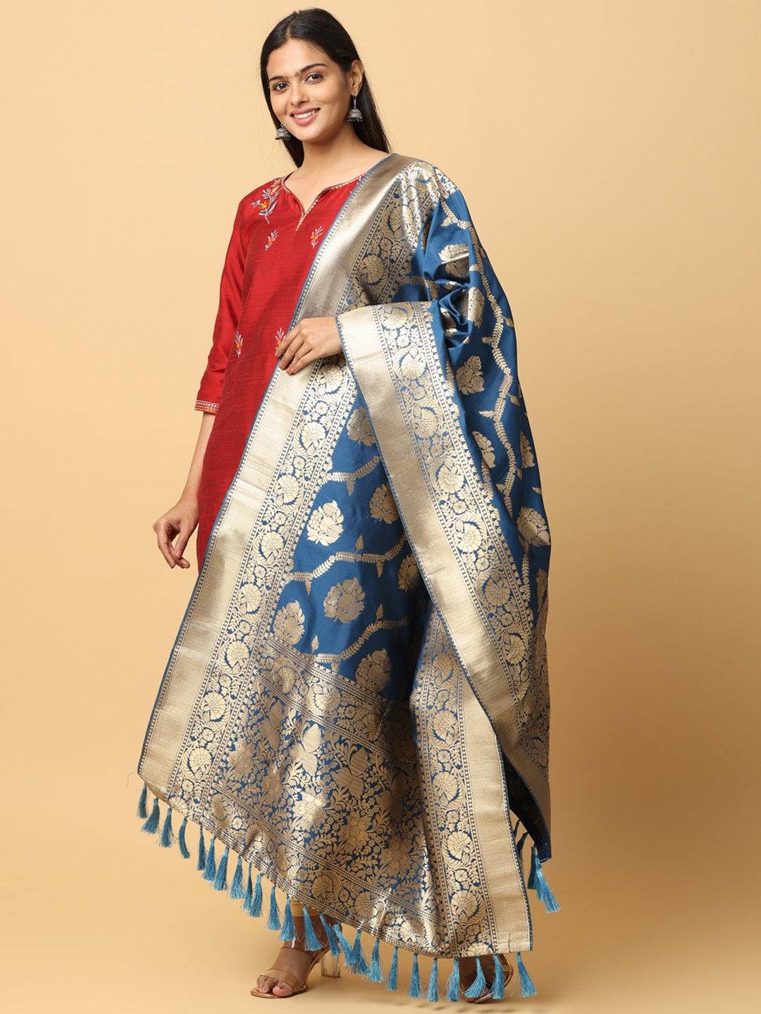 Royal Blue Silk Blend Woven Design Dupatta