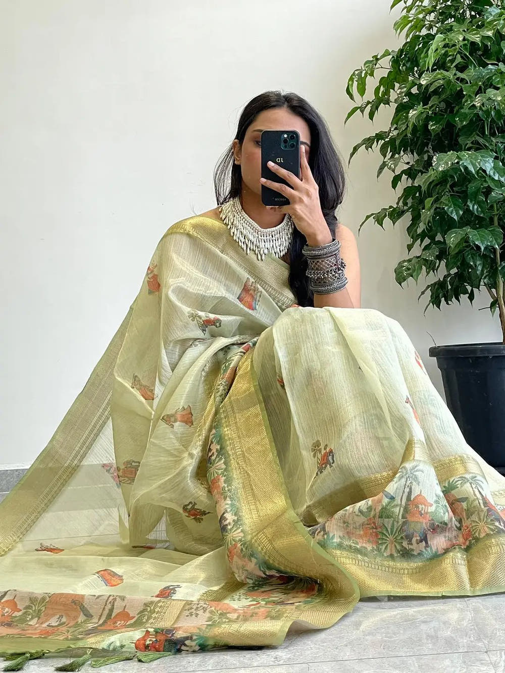 Exclusive Soft Gold Zari Tissue Digital Print Saree