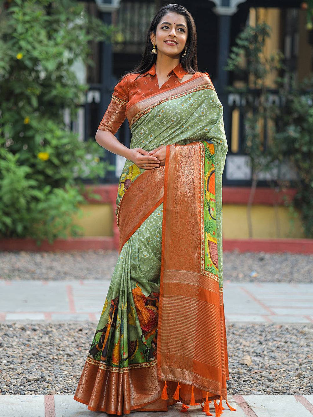 Pista Pure Viscose Dola Silk Saree with Exquisite Bhandhej Print - Luxe