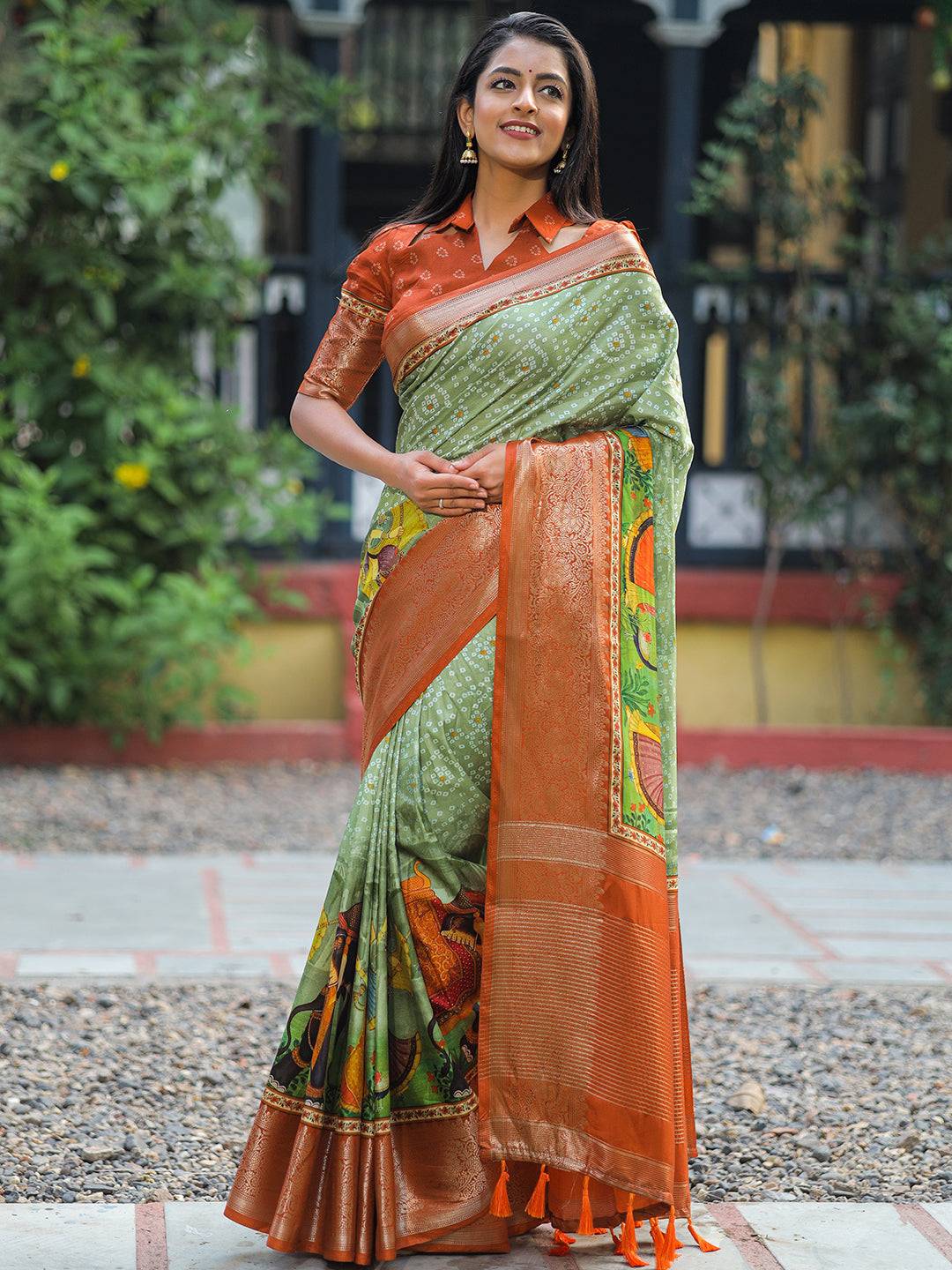 Pista Pure Viscose Dola Silk Saree with Exquisite Bhandhej Print - Luxe