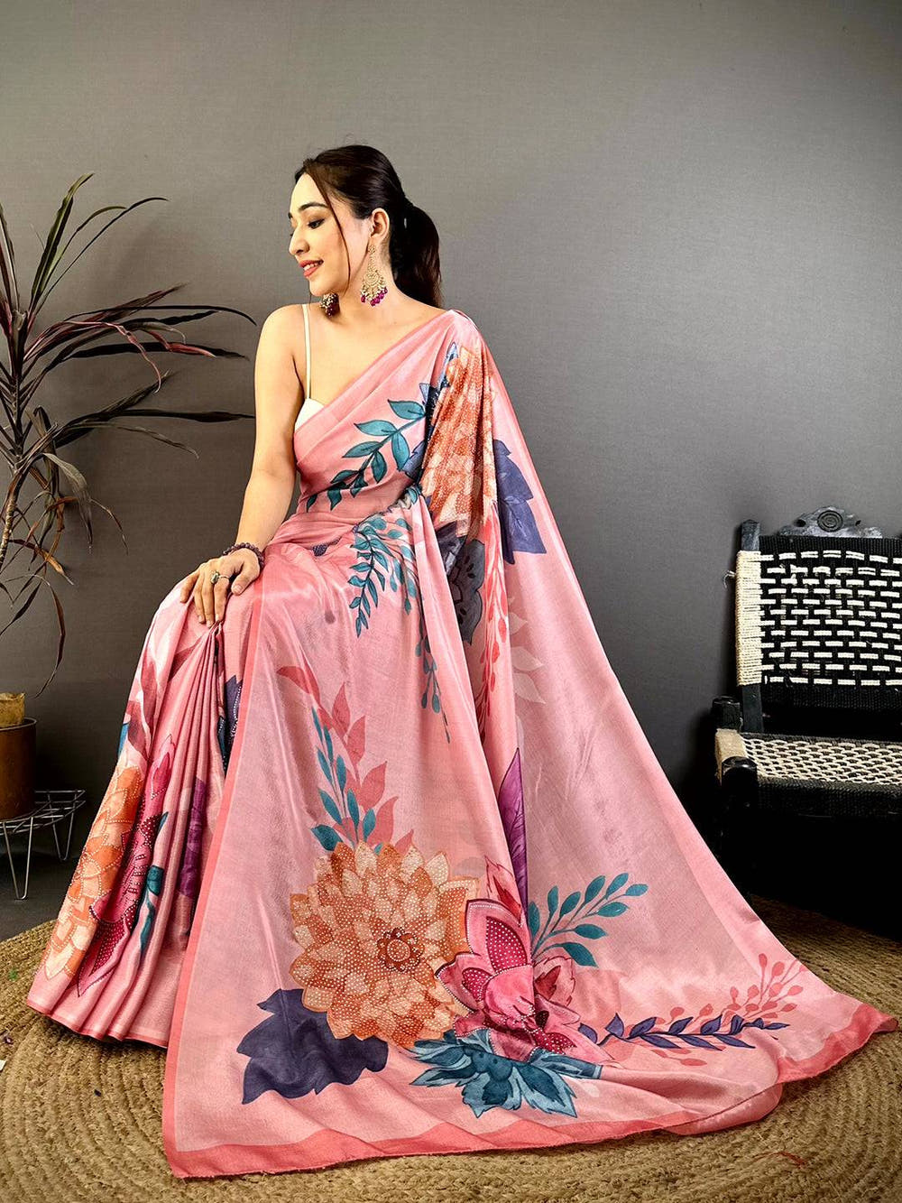 Pink Soft Chiffon Floral Stone Work Saree