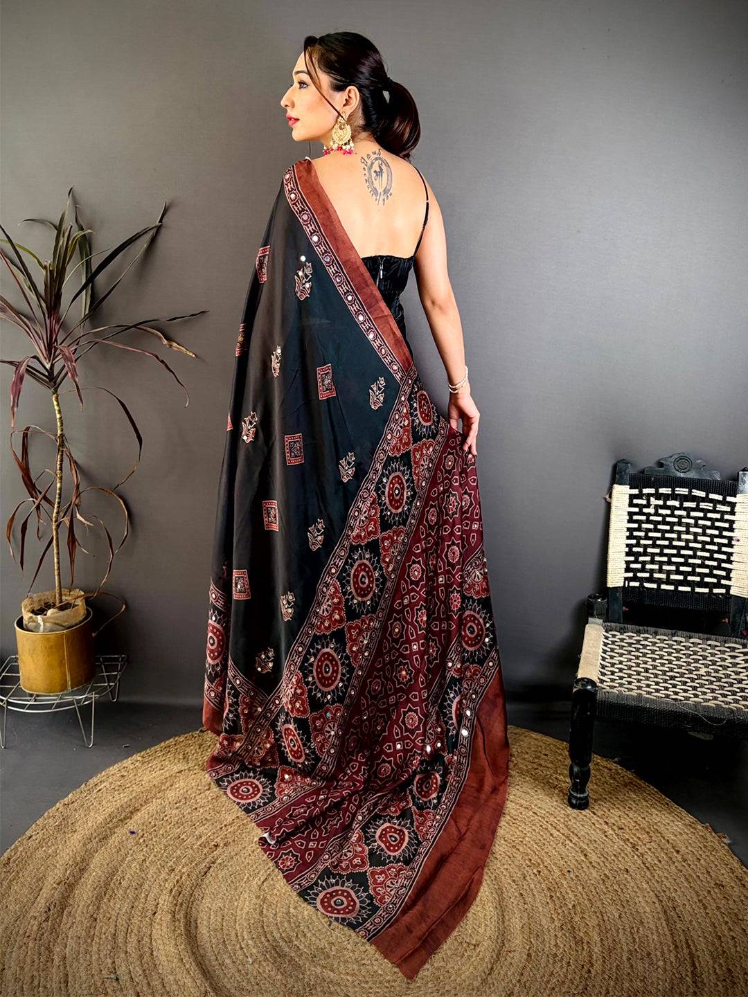 Vibrant Ajrakh Print Mirror Work Saree