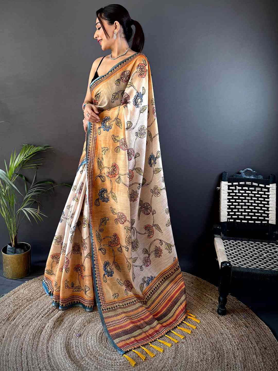 Radiant Orange Zari Tussar Floral Saree