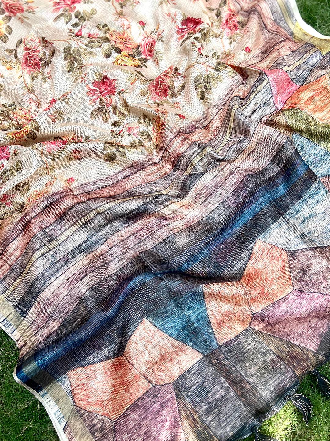Light Peach Colour Soft Kota Doriya Silk Saree With Flower & abstect Prints