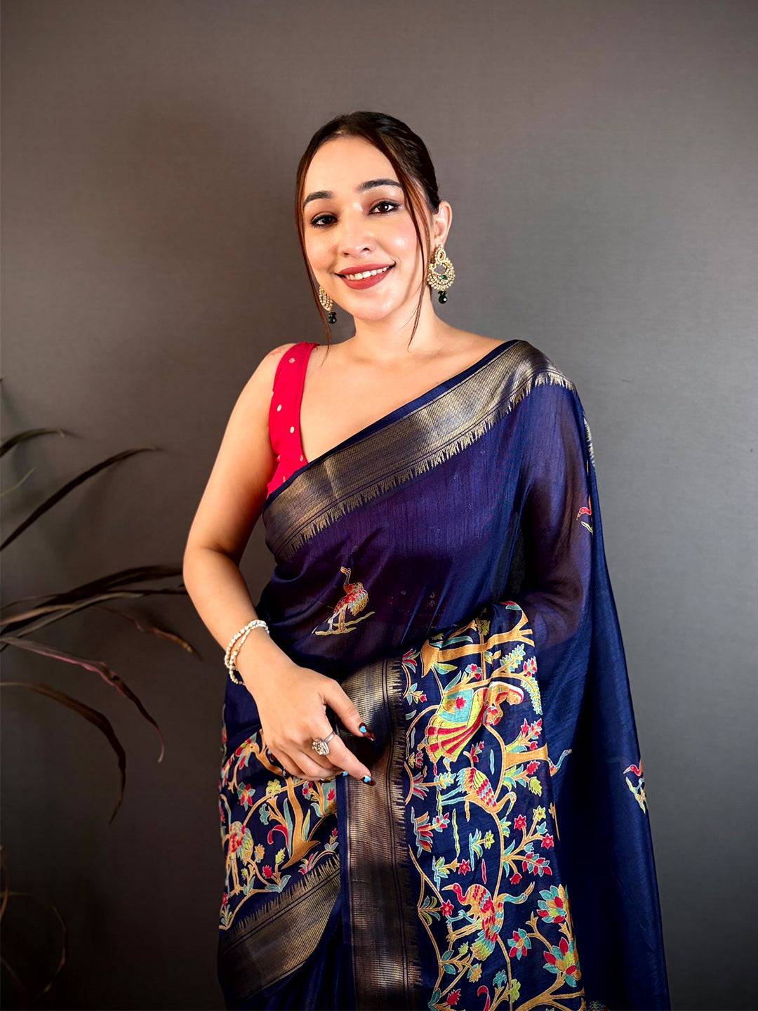 Dark Navy Shade Printed Dola Silk Saree