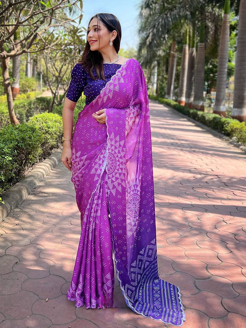 Purple Ombre Bandhej Georgette Silk Saree