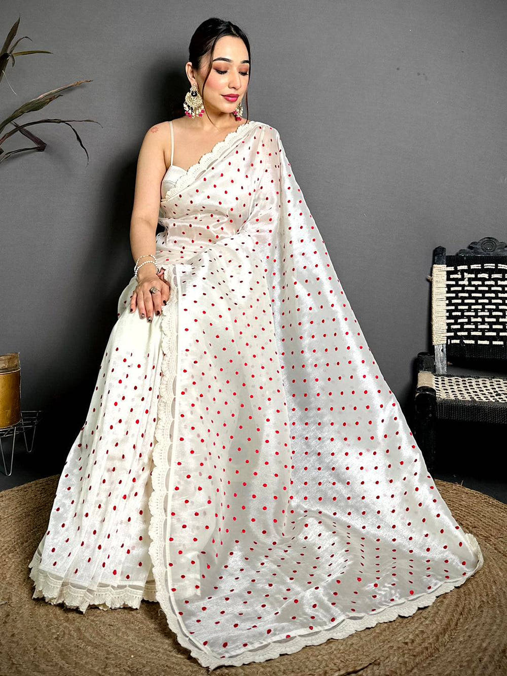 White Soft Tissue Resham Polka Dot Saree