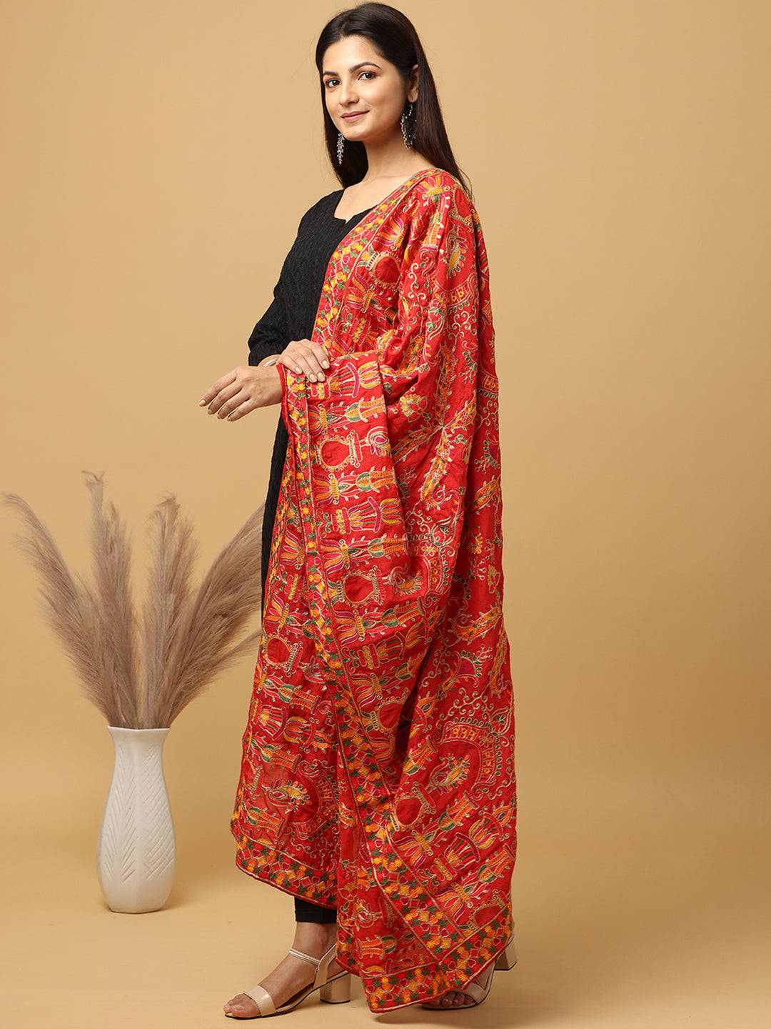 Red Dense Multicolour Floral Pashmina Dupatta