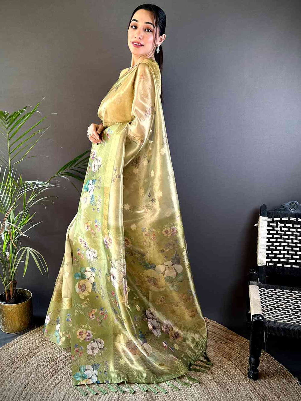 Pista Tissue Digital Floral Saree