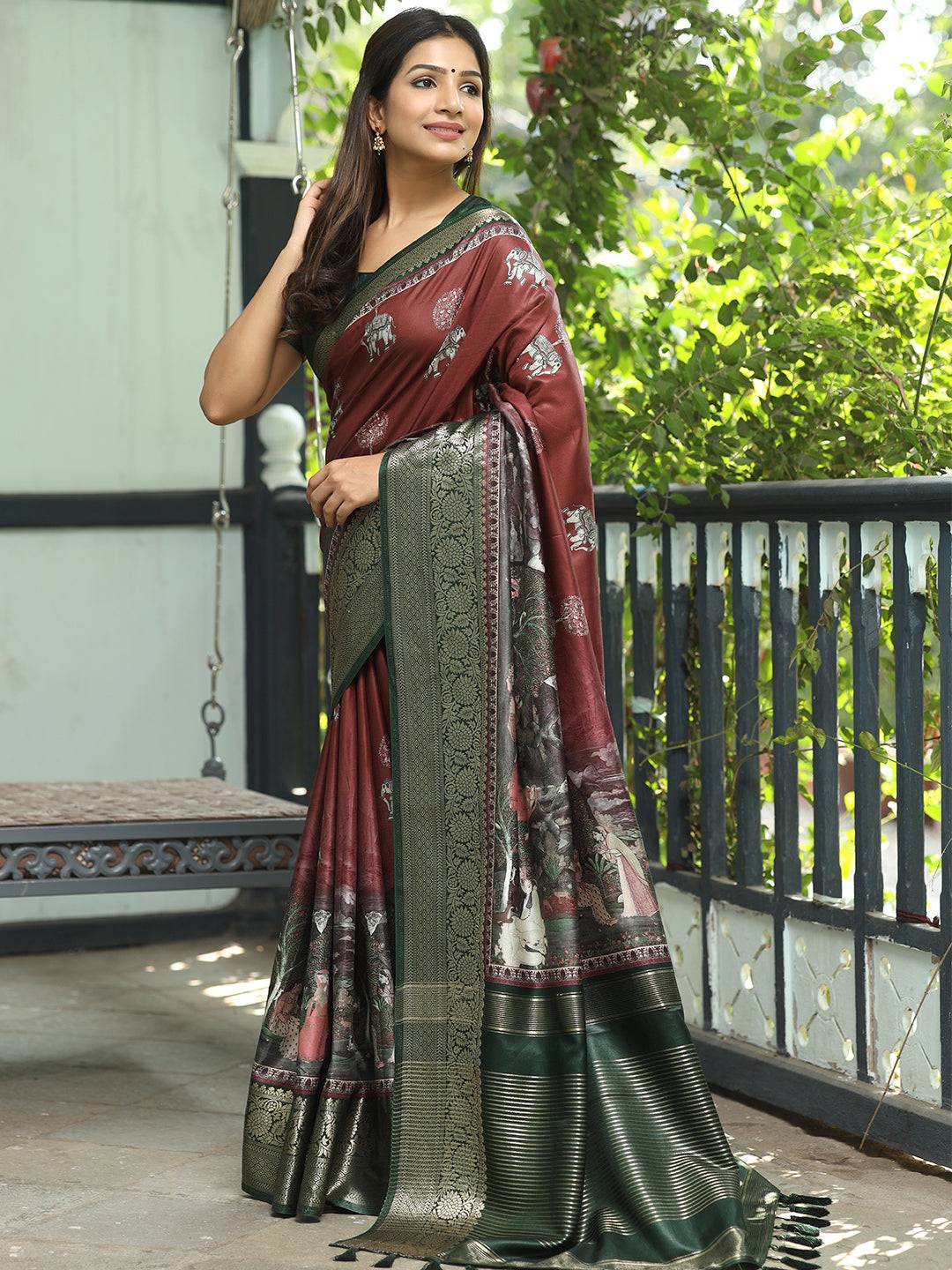 Maroon Hand Kalamkari Printed Pure Viscose Dola Silk Saree - Luxe