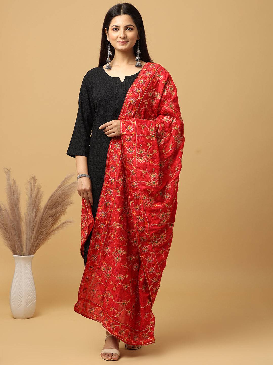Red Vivid Floral Spray Pashmina Dupatta
