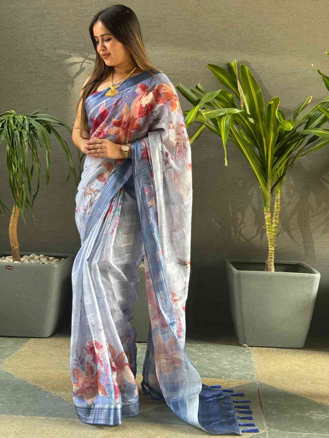 Blue Colour Traditional Self Zari Chex Weaving Floral Print Saree