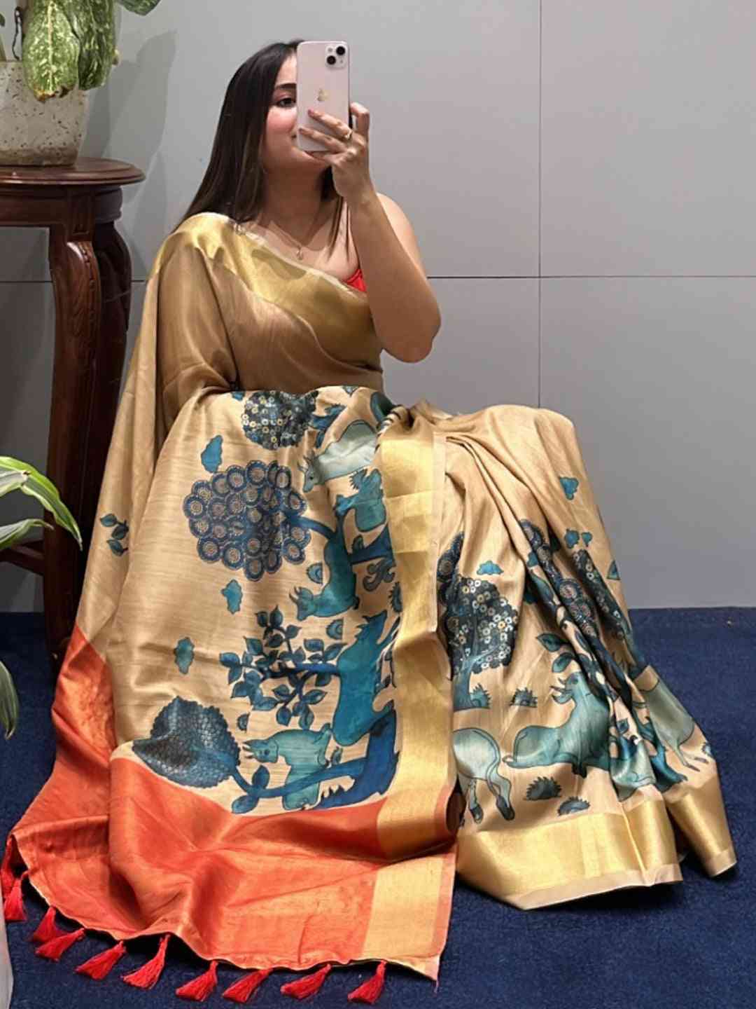 Incredible Pen Kalamkari Linen Tissue Soft Saree