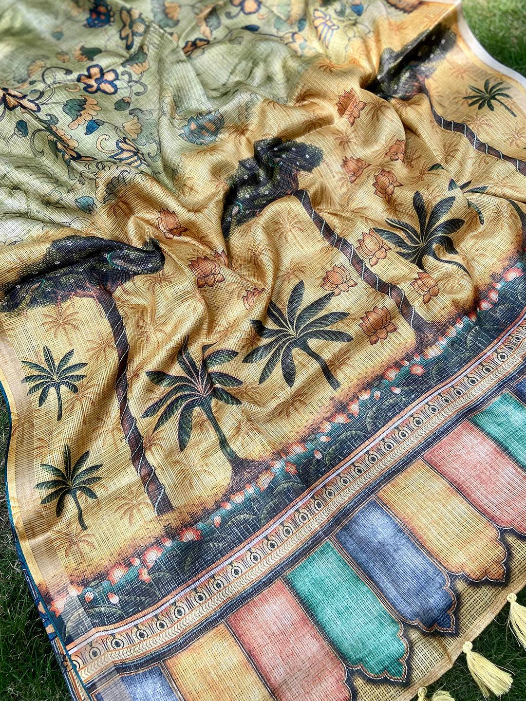 Light Green Kota Doriya Silk Saree With Floral Print