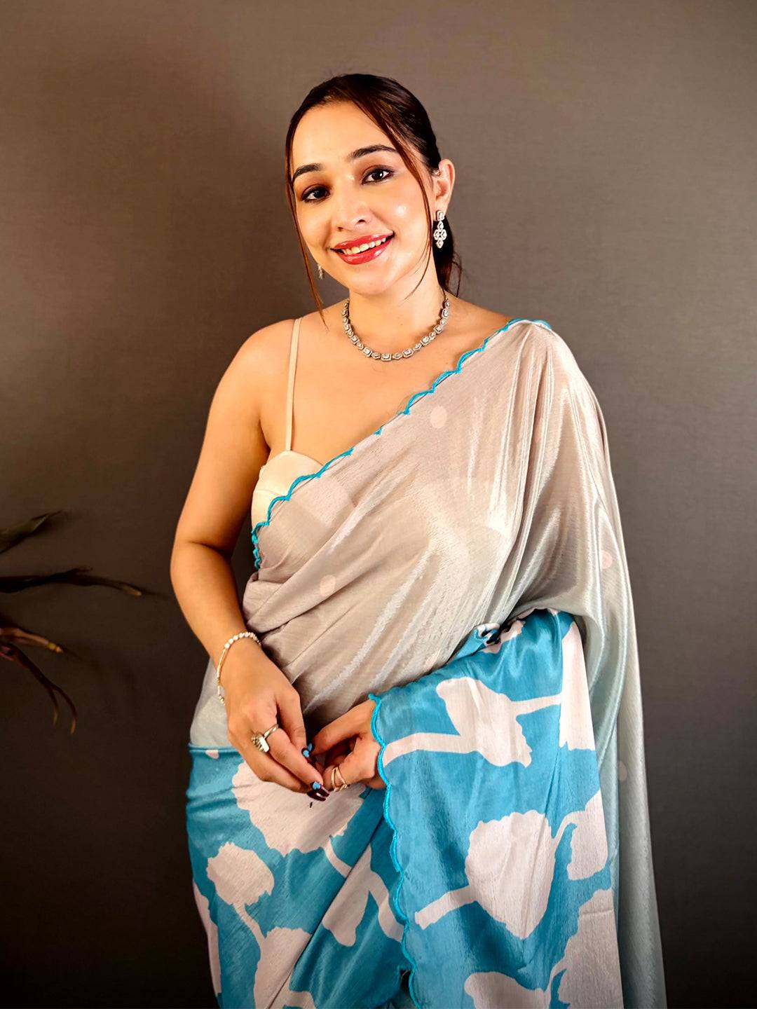 Stylish Floral Print Embroidered Chinnon Saree