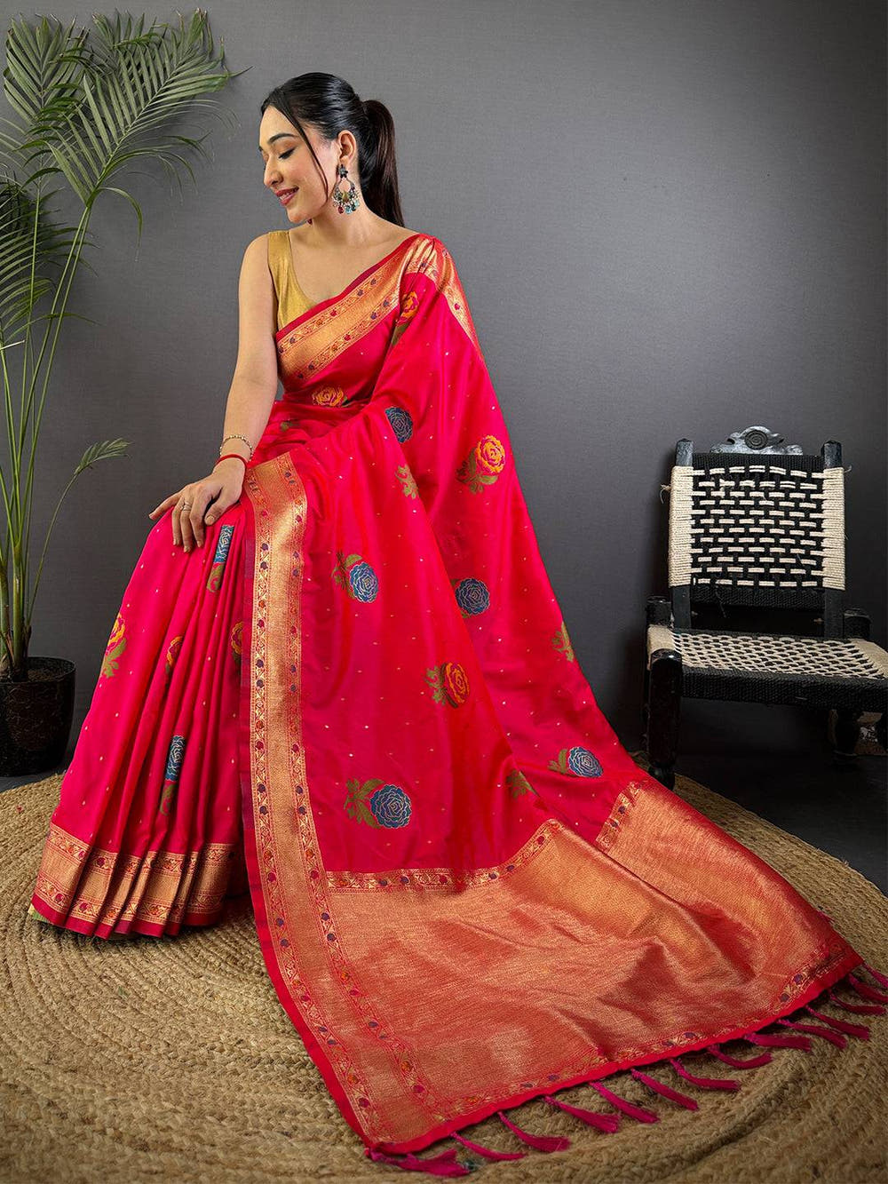 Pink Soft Silk Flowerport Minakari Saree