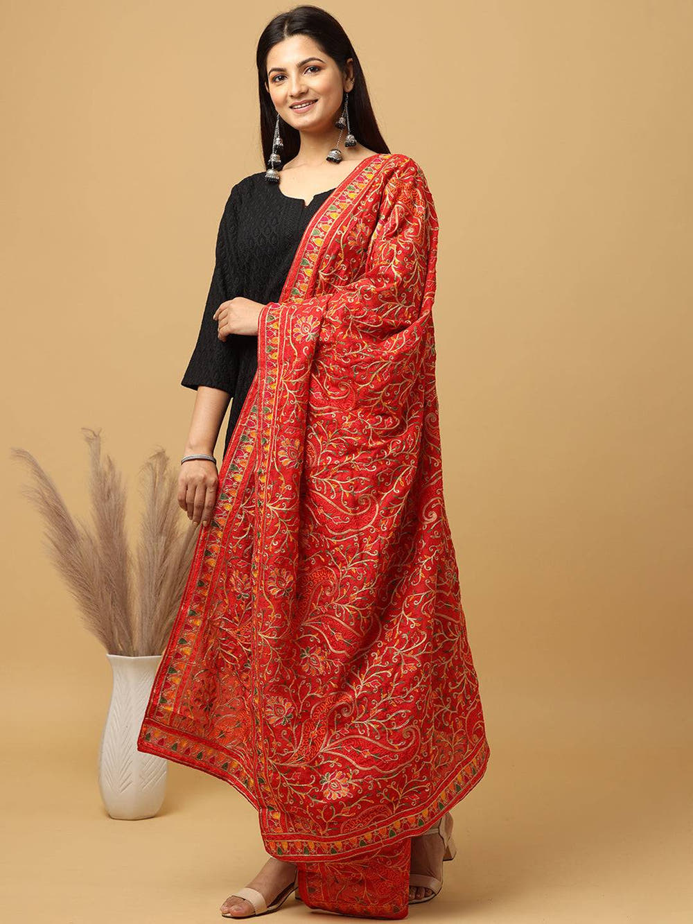 Red Orange Dense Floral Pashmina Dupatta