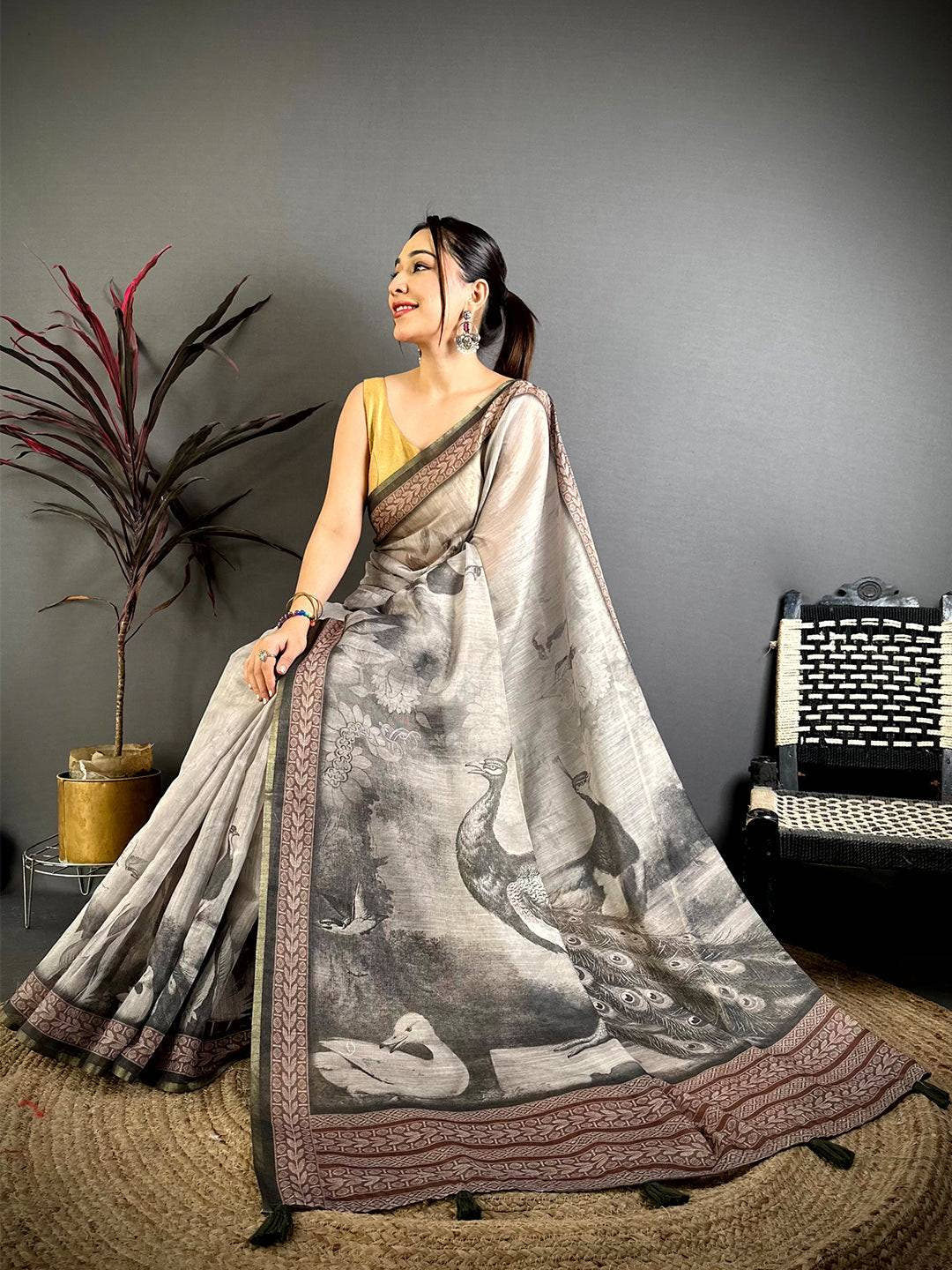 Heritage Art Poster Pallu Kalamkari Linen Saree