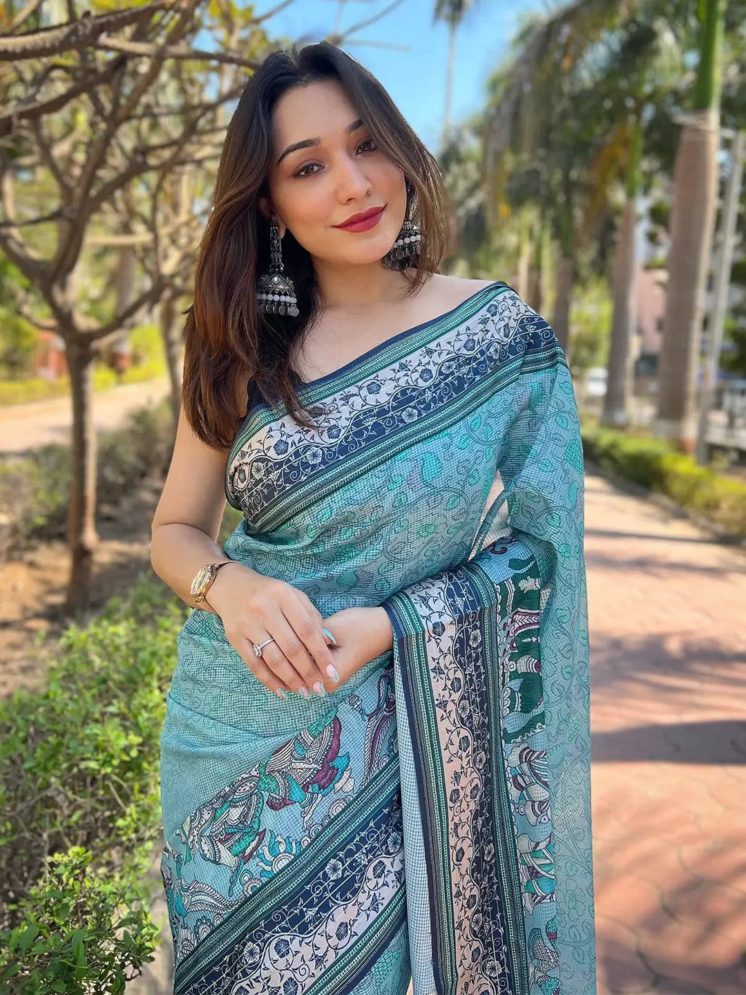 Satin Kota Doria Saree With Kalamkari Digital Print In Turquoise Colour
