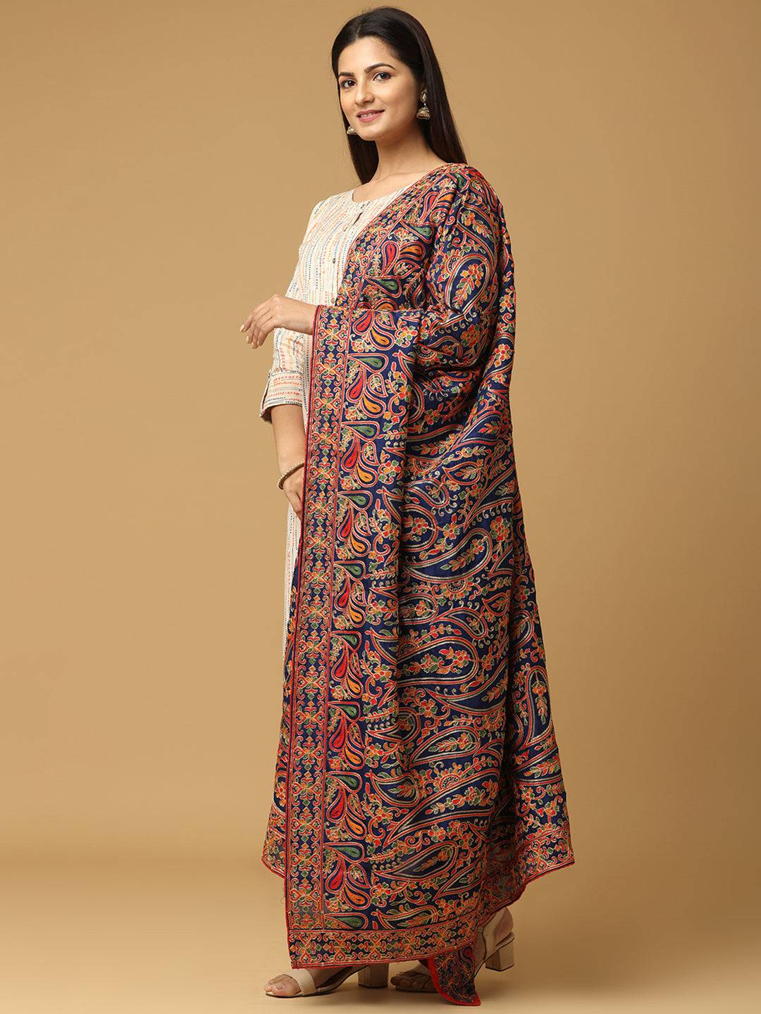 Navy Fine Paisley Jaal Pashmina Dupatta