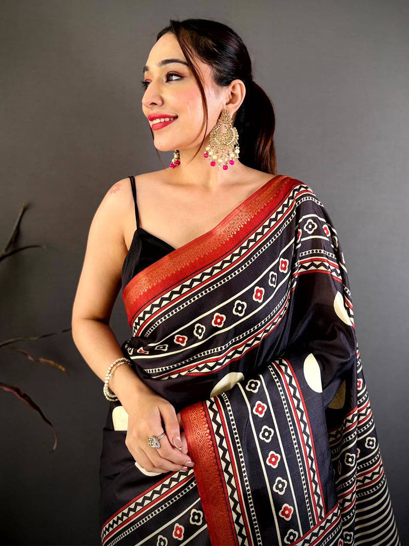 Exclusive Block Ajrakh Print Soft Tussar Saree