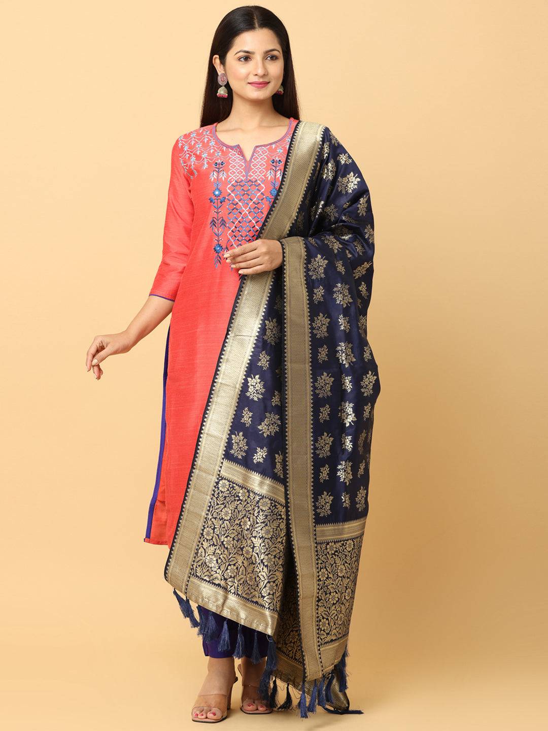 Woven Design Navy Silk Blend Dupatta With Resham Tassels
