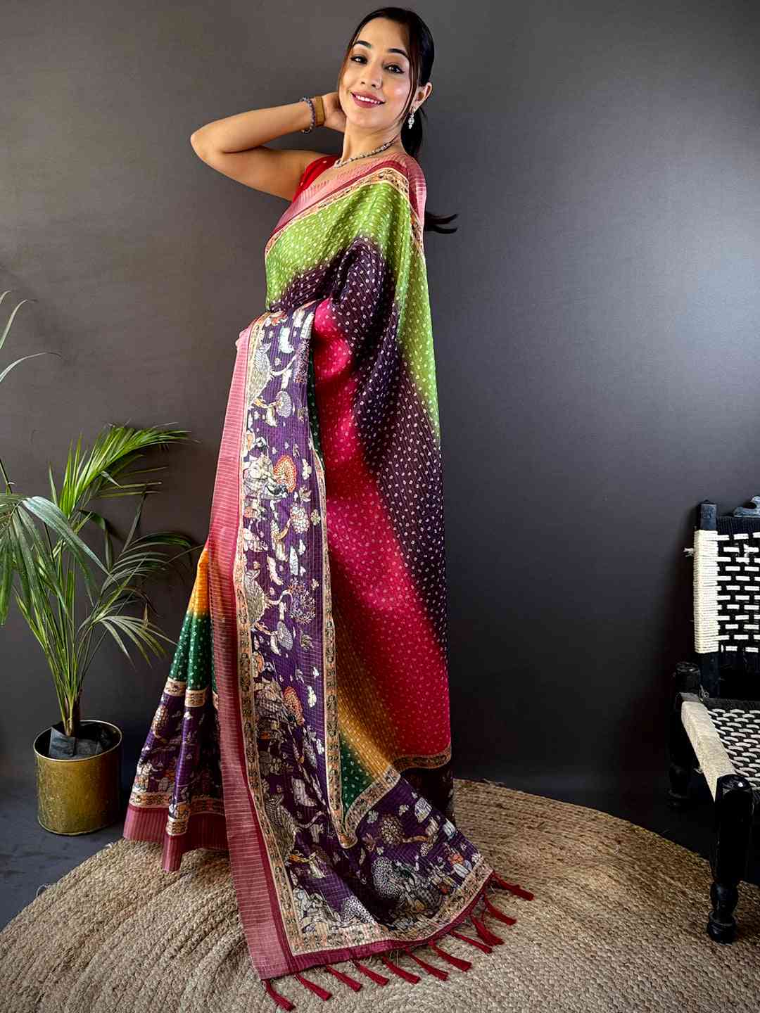 Vibrant Silk Blend Bandhani Print Saree