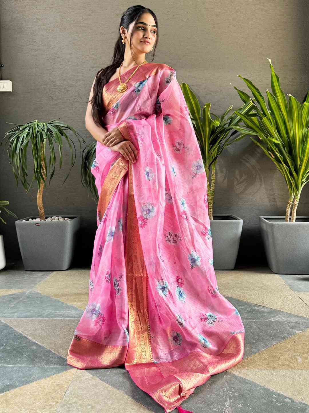 Latest Pink Colour Digital Flower Print Kota Silk Saree