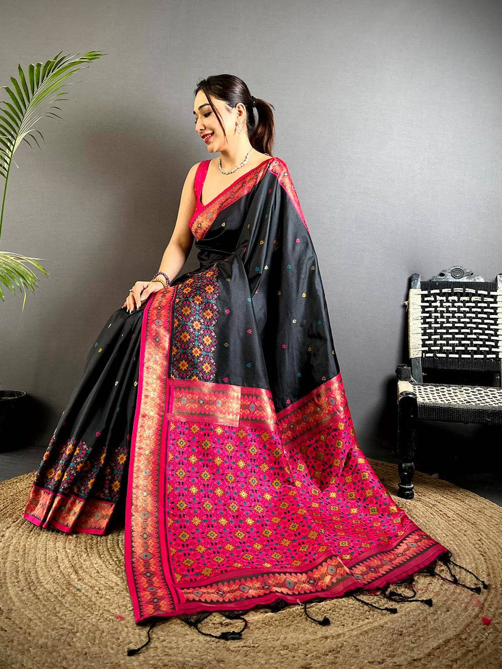 Black Double Ikat Soft Silk Saree