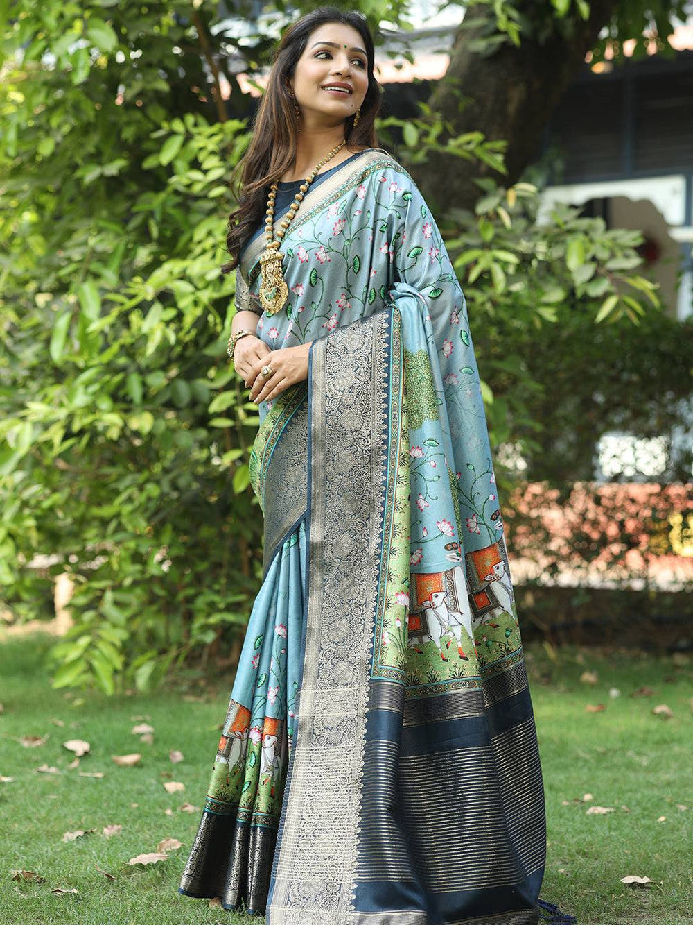 Pichwai Print Zari Weaving Pallu Saree In Sky Blue Colour - Luxe