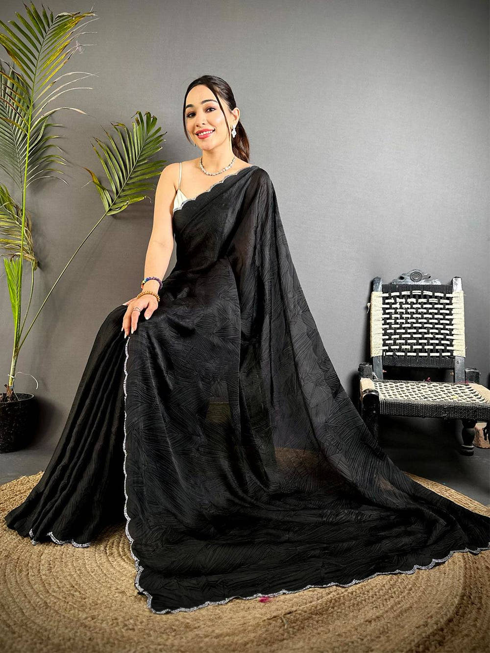 Black Stone Work Silk Crush Saree