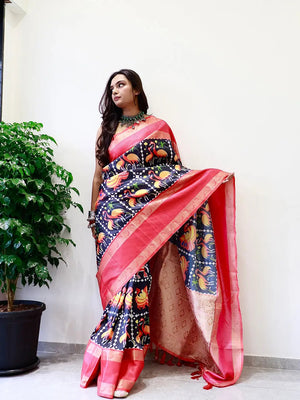 Attractive Black Gadwal Border Pochampally Print Saree