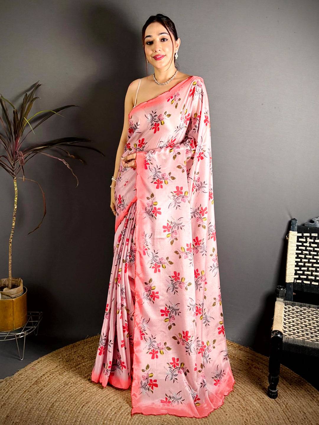 Pink Chinnon Embroidered Border Saree