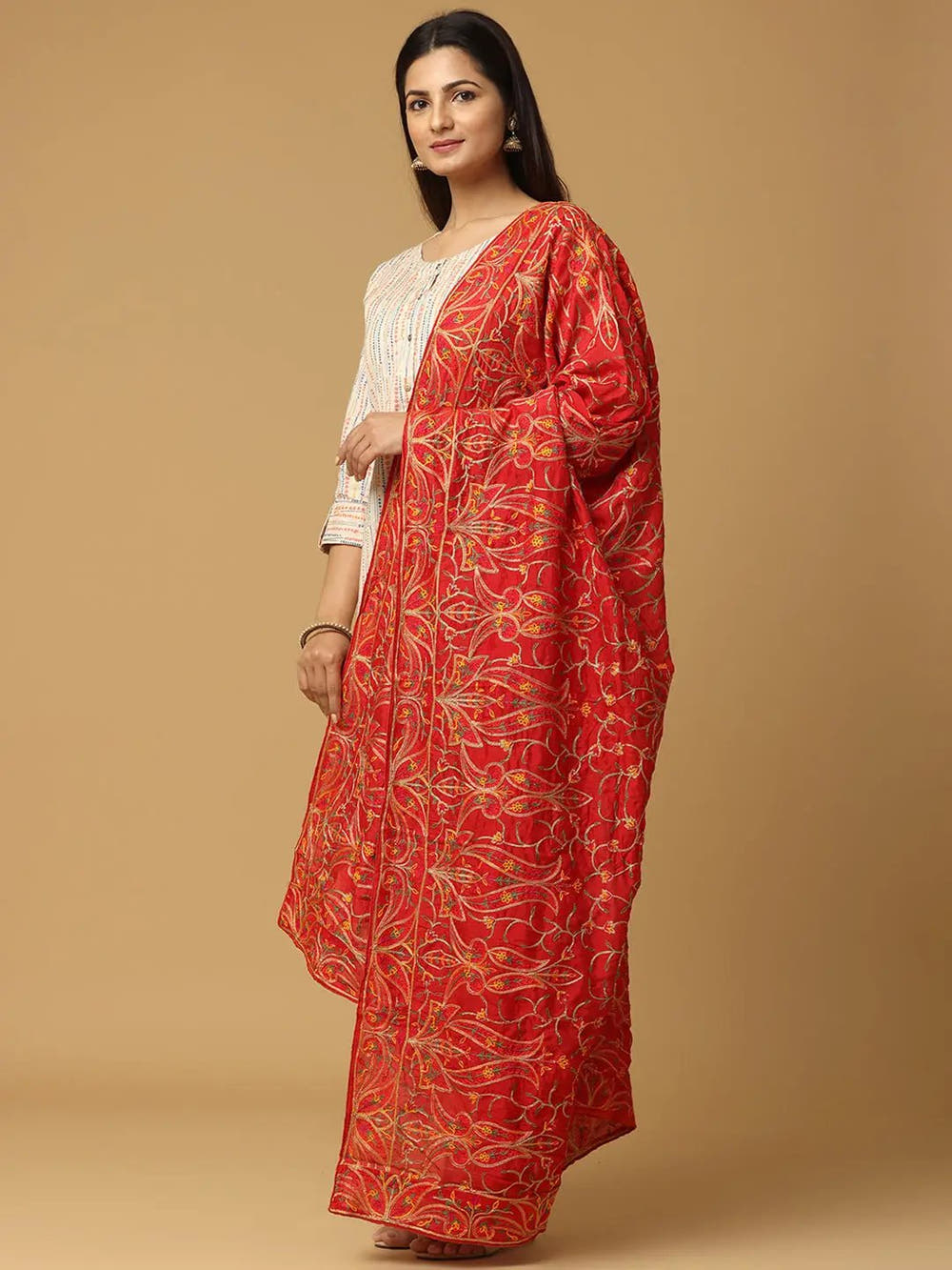 Red Warm Dense Floral Pashmina Dupatta