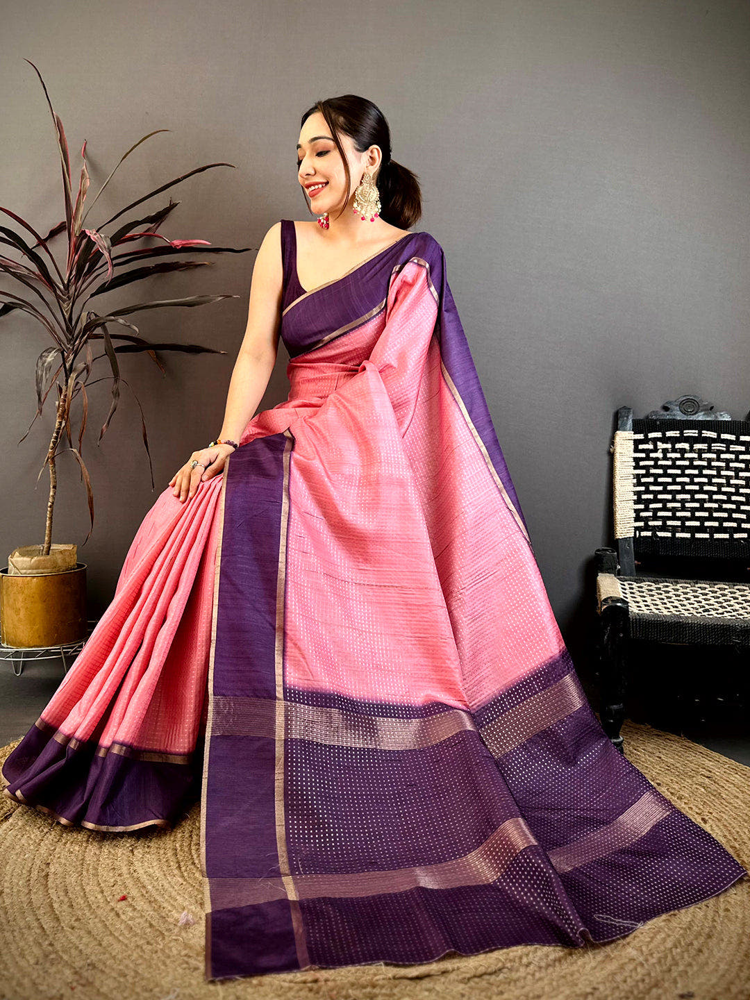 Rose Pink Tussar Gold Zari 1000 Butti Saree