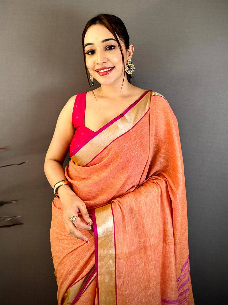 Orange Linen 60 Count Silver Zari Saree