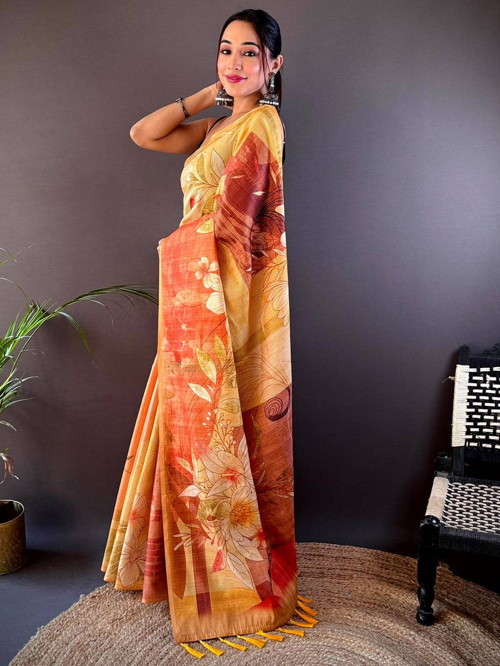 Golden Yellow Semi Zari Tussar Floral Saree
