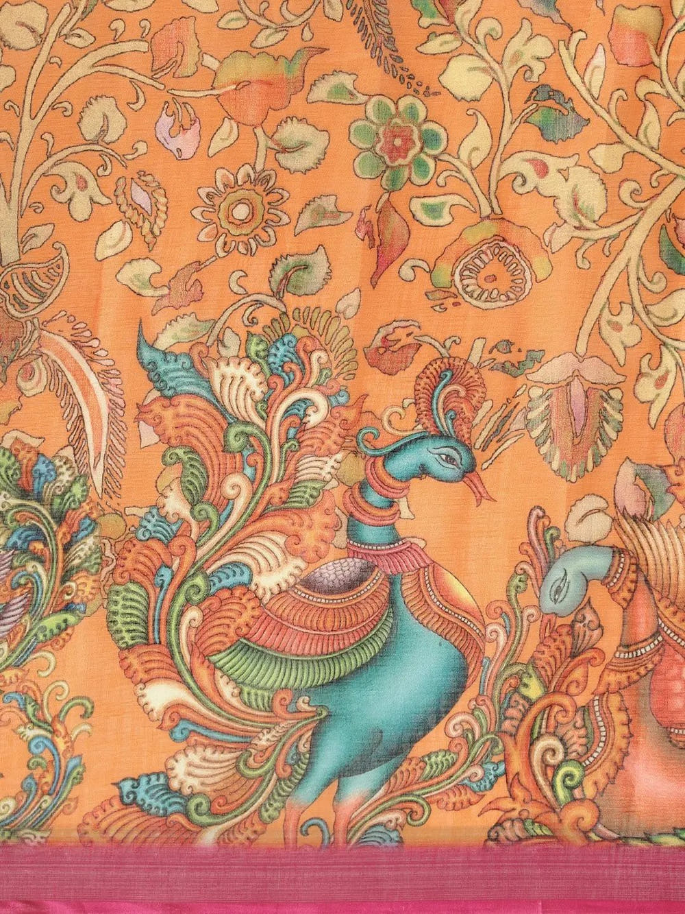 Orange Colour Kalamkari Print Saree With Zari Border