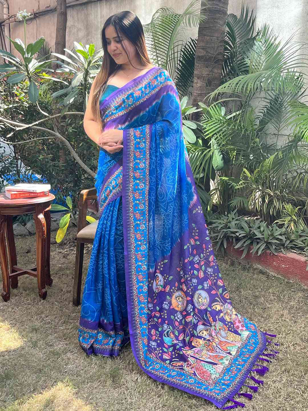 Royal Blue Design Linen Saree with Bandhej and kalamkari Digital Print
