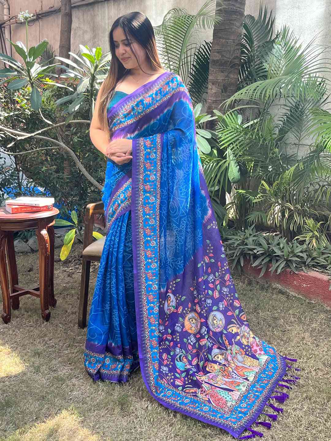 Royal Blue Design Linen Saree with Bandhej and kalamkari Digital Print