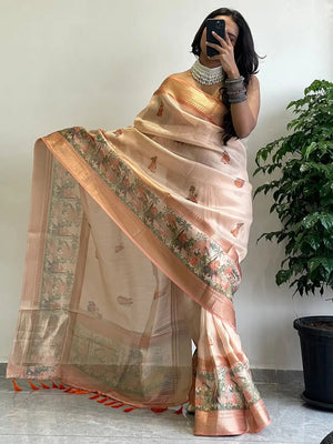 Exclusive Soft Gold Zari Tissue Digital Print Saree