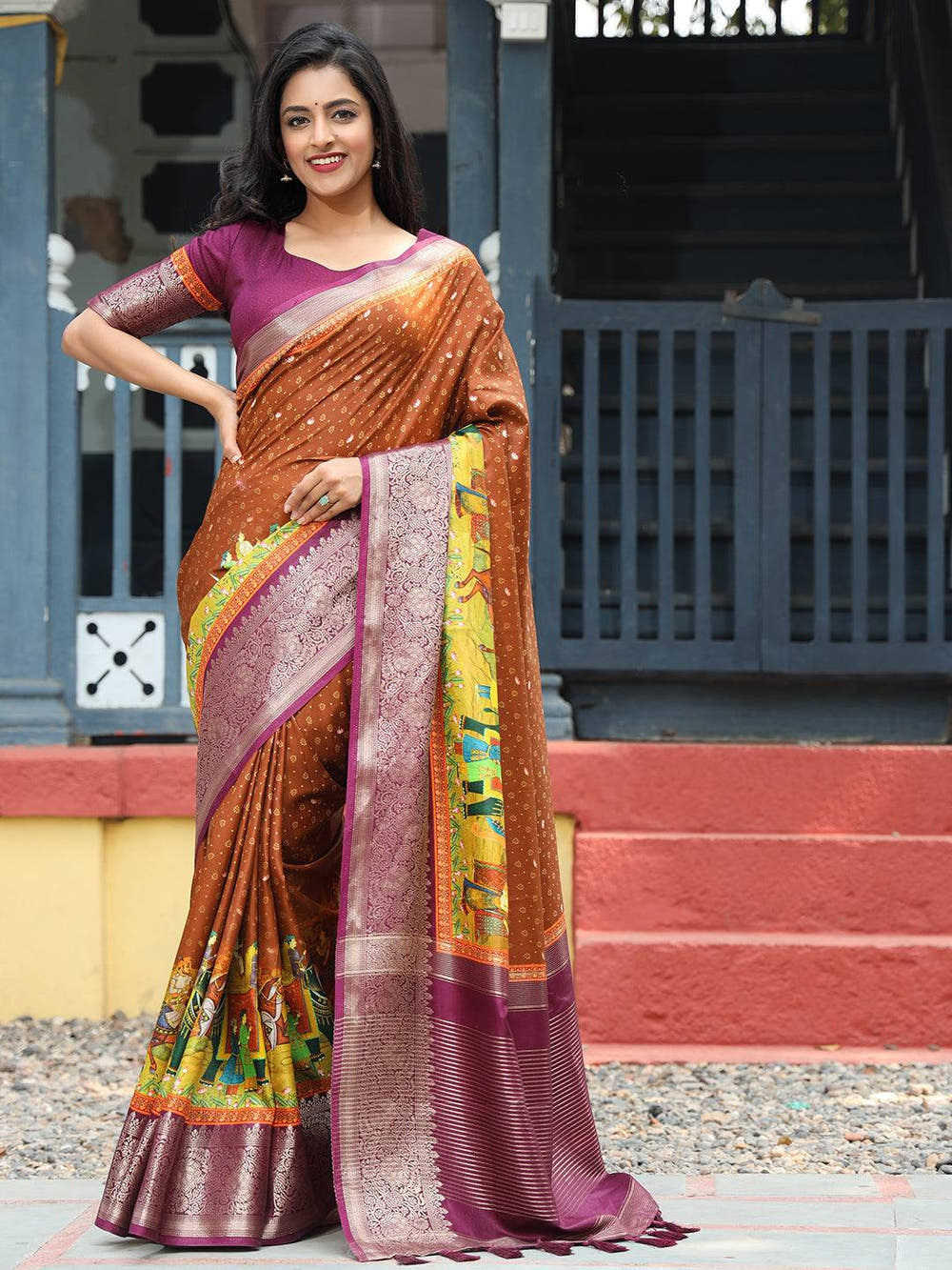 Brown Pure Viscose Dola Silk Saree with Exquisite Bhandhej Print - Luxe