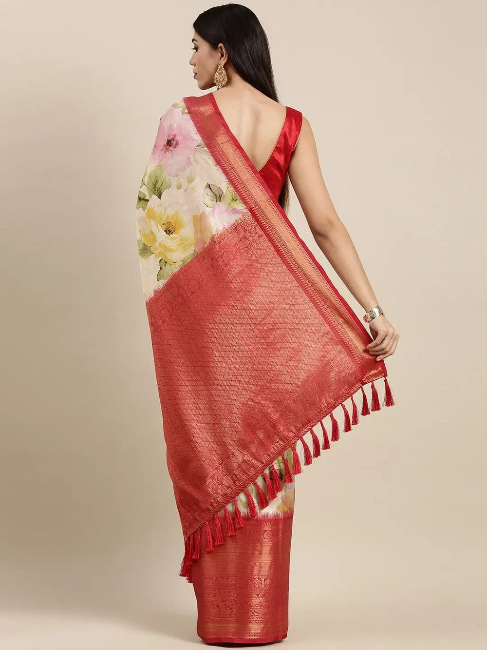 Red Colour Digital Floral Print Pattu Banarasi Silk Saree