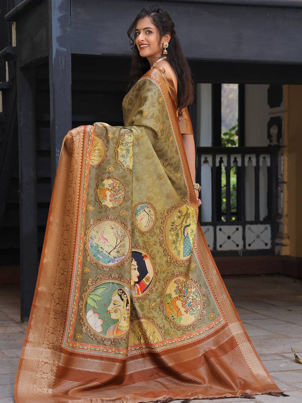 Pure Viscose Dola Silk Saree With Zari Weaving Pallu In Olive Colour - Luxe